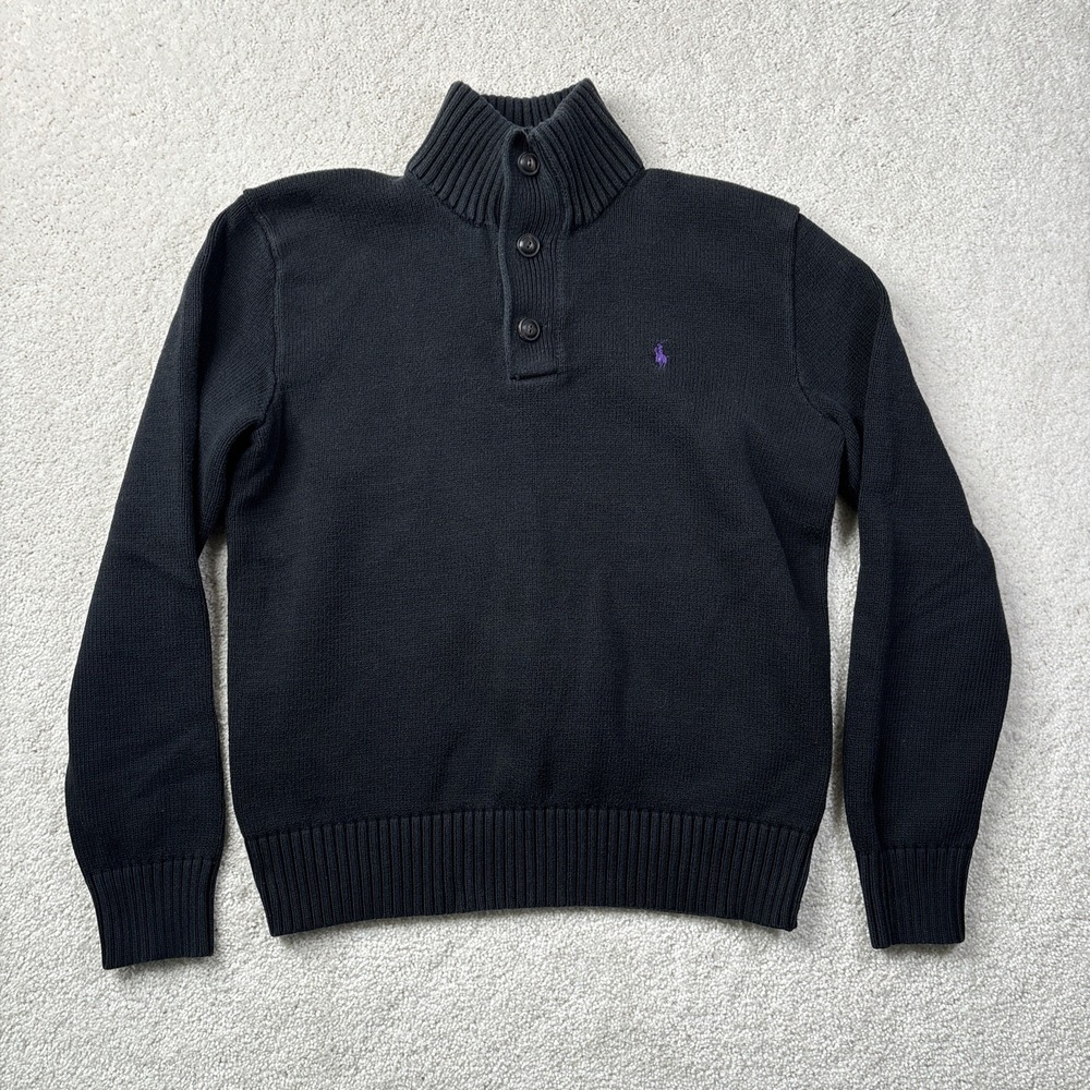 Polo Ralph Lauren Mock Neck Sweater S Black 1/4 Button Knit Pullover Pony Cotton
